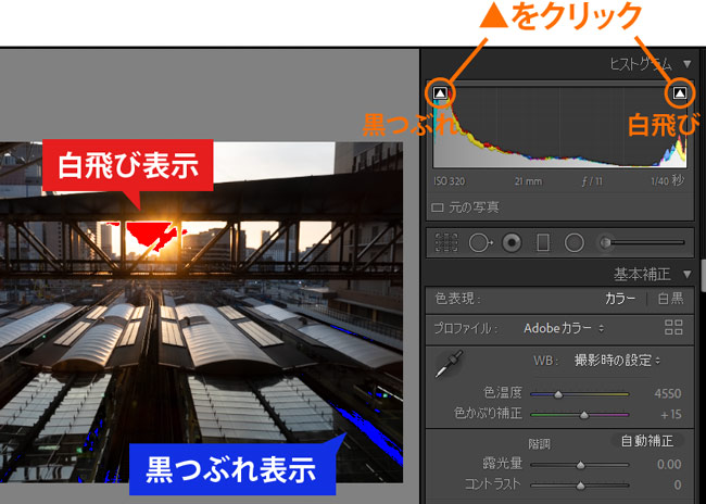 Lightroom Classic白飛び・黒つぶれ確認