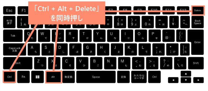 キーボードの「Ctrl + Alt + Delete」を同時押ししてタスクマネージャーを起動します。