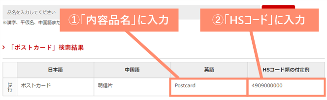 検索結果に表示されている「英語」と「HSコード類の付定例」をコピーしてください。