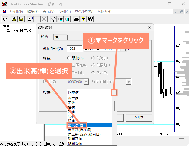 ▼マークをクリックし、出来高（棒）を選択