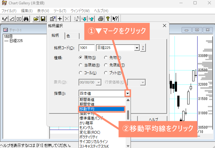 ▼マークをクリックし、移動平均線を選択