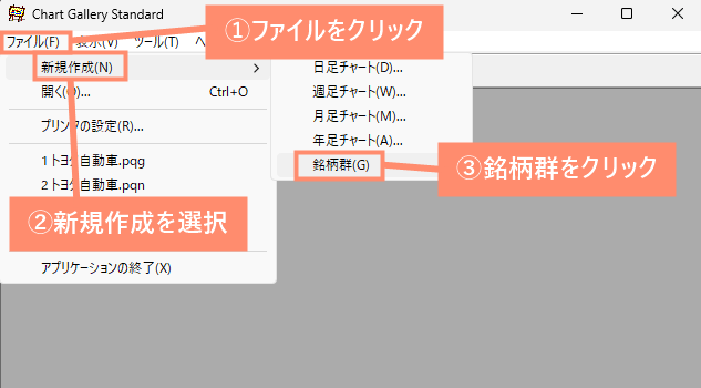 メニューから「ファイル」→「新規作成」→「銘柄群」をクリックします