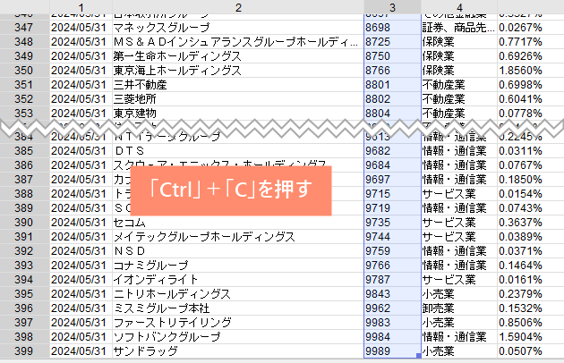 コード列が全選択状態（青色）になるので、キーボードの「Ctrl」＋「C」を同時押しします