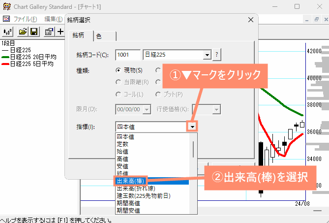 指標の▼マークをクリックし、出来高（棒）を選択