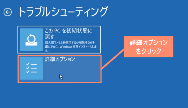 トラブルシューティングの「詳細オプション」を選択