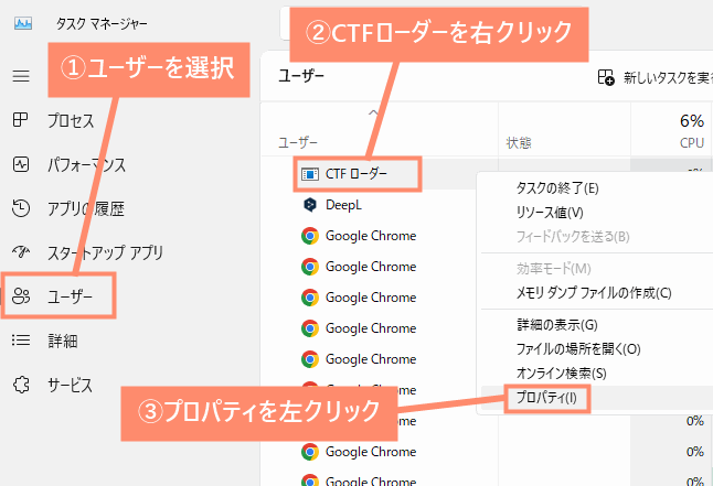 ユーザを選択後「CTFローダー」を右クリックし、プロパティを開く