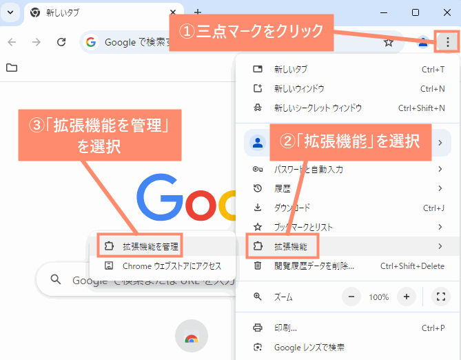 三点マークをクリックし、拡張機能を選択後、拡張機能を管理を選択