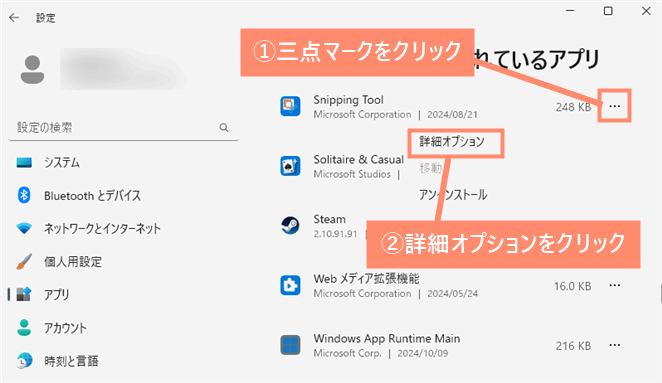 三点マークをクリックし、詳細オプションを選択