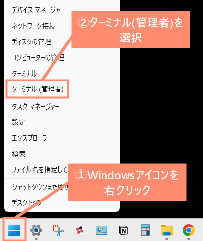 Windowsアイコンを右クリックし、ターミナル（管理者）を選択