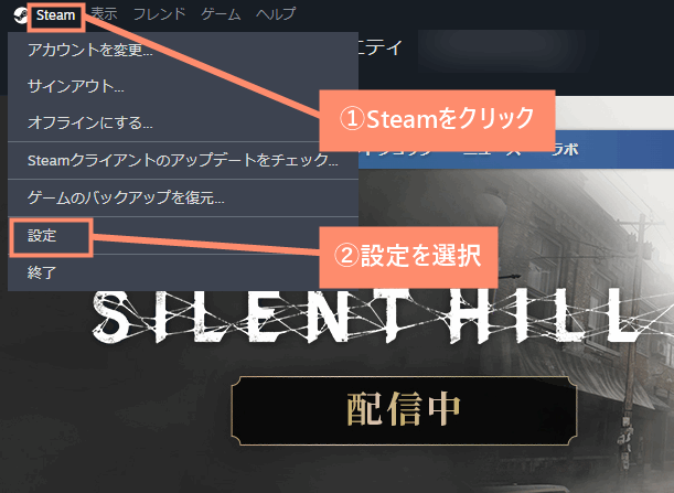 Steamをクリックし、設定を選択