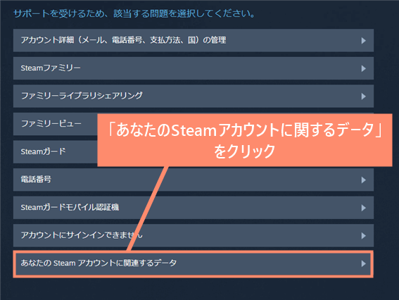 「あなたのSteamアカウントに関するデータ」をクリック