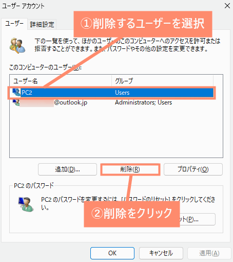 削除するユーザーを選択し、削除をクリック