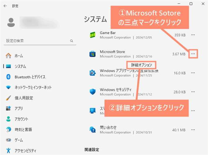 Microsoft Sotore の三点マークをクリックし、詳細オプションをクリック