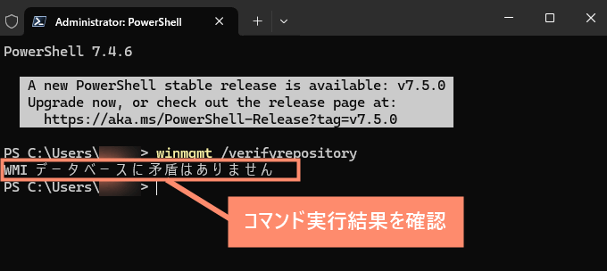 コマンド実行結果を確認